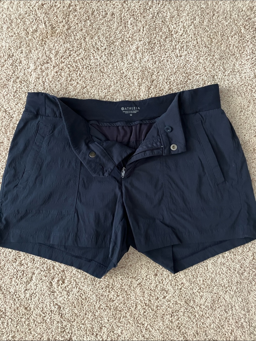 Athleta Navy Blue Athletic Shorts with Zip Closure